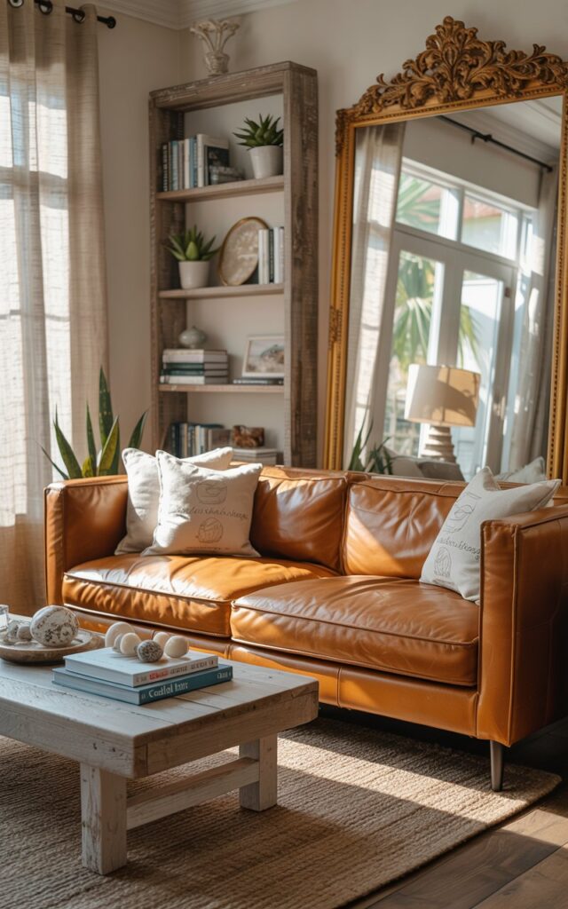 A photograph of a plush, caramel-colored leather sofa nestled within a luxurious living room blending rustic and coastal design elements. The sofa is arranged to face a grand, ornate gold-framed mirror that reflects a sun-drenched corner of the room, highlighting the soft texture of the leather and creating a sense of spaciousness. A weathered wooden coffee table sits before the sofa, displaying a curated collection of sea shells alongside a stack of books with "Coastal Living" printed on the spine, resting upon a woven jute rug. Soft, diffused sunlight streams through sheer linen curtains, illuminating the room with a serene, warm glow and accentuating the decorative wooden shelving filled with coastal-themed books and potted succulents.