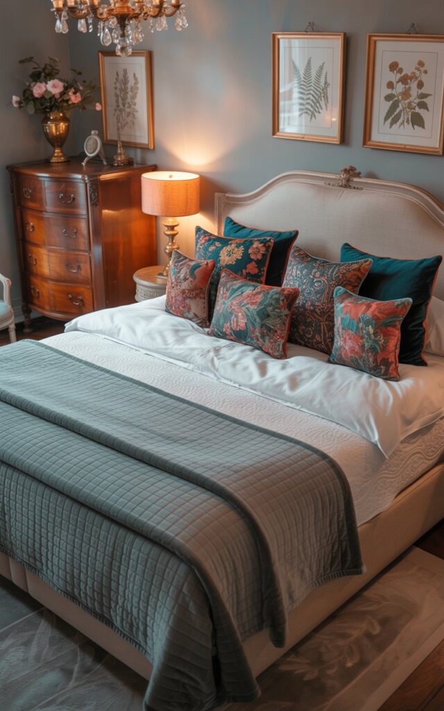 A photograph of a luxuriously appointed Victorian-transitional bedroom centered around a large, inviting king-sized bed. The bed is meticulously layered with crisp white linen sheets, a soft grey quilted blanket, and a plush velvet throw, accented by six vibrant cushions—two floral, two geometric, and two paisley—in shades of emerald green, sapphire blue, and ruby red arranged artfully against the headboard. A vintage wooden nightstand with a brass lamp holding a soft amber bulb sits to the left of the bed, while an antique dresser with ornate silver handles stands against a wall adorned with three framed botanical prints of ferns and wildflowers. Soft, warm ambient lighting emanates from a crystal chandelier overhead, bathing the scene in a cozy and inviting glow.
