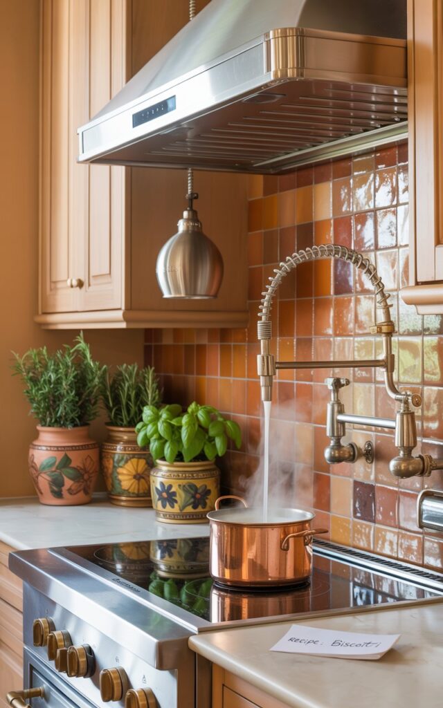 A photograph of a pristine Mediterranean kitchen counter, highlighting a gleaming stainless steel pot filler elegantly positioned above a modern induction cooktop. A copper milk pot sits steaming gently on the burner, emitting a warm glow, while a sleek rangehood with brushed brass accents hangs above, reflecting the soft light. The counter is crafted from creamy white stone, complementing warm-toned cabinetry and a vibrant backsplash of hand-painted terracotta tiles, accented by decorative ceramic jars filled with fresh rosemary and basil under the gentle illumination of a single elegant pendant lamp. A small, handwritten note reading "Recipe: Biscotti" rests on the countertop.