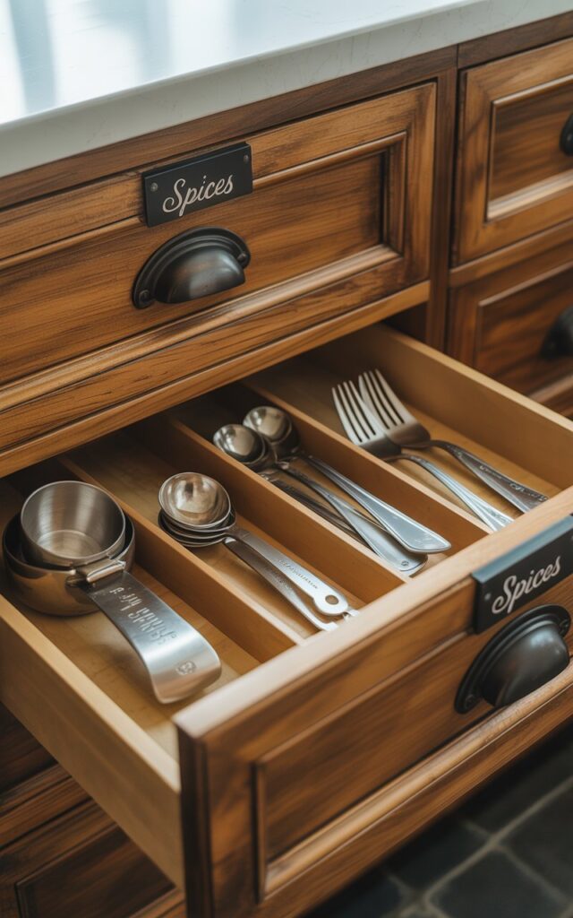 A photograph of a meticulously organized kitchen cabinet showcasing a rustic-meets-modern design. The cabinet features a rich, honey-toned wood grain accented by matte black hardware and discreetly hides a small, labeled drawer marked with "Spices" in elegant script. Inside, stainless steel measuring spoons, silver forks and knives, and a vintage egg slicer are neatly arranged within custom-built compartments, all partially visible through a slightly ajar drawer. Soft, diffused sunlight filters in from a nearby window, highlighting the clever storage solutions and casting a warm glow across the polished wood and gleaming metal within the cabinet.