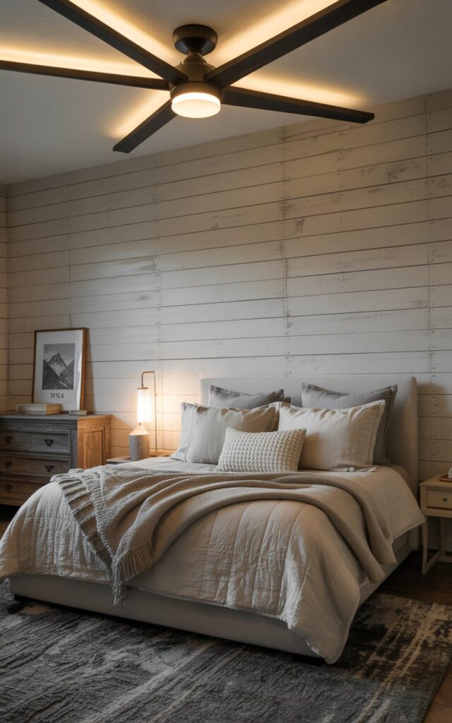 A photograph of a king-sized bed nestled within a modern farmhouse bedroom, styled with understated Alpine chic. The bed is draped in plush, layered bedding of cream and gray linen, accented by a chunky knit throw and several textured pillows, with a single "Mountain Vista" framed print resting on the nightstand beside it. A weathered wooden dresser sits against a textured white shiplap wall, illuminated by the soft glow of brushed nickel ceiling fan blades featuring integrated LED lighting, casting a warm ambient light across the dark gray, textured rug below. The room exudes a serene nighttime ambiance, with minimalist ceramic lamps perched on the nightstands adding a touch of understated elegance.