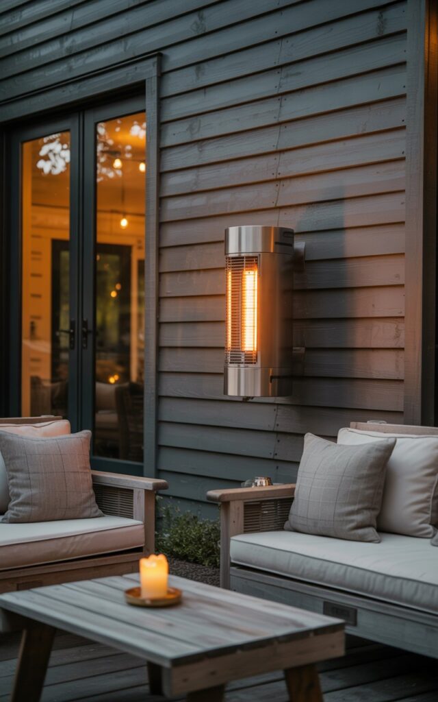 A photograph of a modern farmhouse patio centered around a sleek wall-mounted heater. The heater is a cylindrical form with a matte black finish, subtly contrasting with the weathered gray wooden siding of the house and emitting a gentle, warm orange glow. Below the heater, two cushioned benches with linen-textured pillows and a rustic wooden coffee table holding a single flickering beeswax candle create a cozy seating area, positioned to take advantage of the heater's warmth. The scene is softly lit by the heater's glow and ambient twilight, creating an inviting atmosphere with carefully placed string lights subtly illuminating the patio's edges.