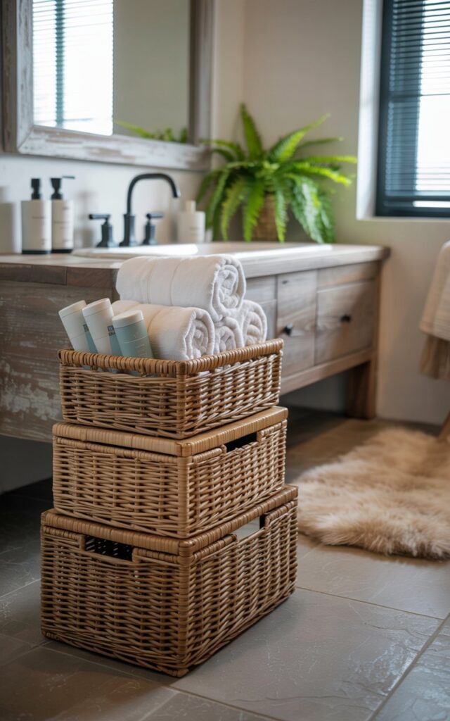 A photograph of a serene modern rustic bathroom centered around a neat stack of three woven rattan baskets. The baskets, a mix of light and dark rattan tones, sit on light grey stone tile floor, filled with tightly rolled white towels and neatly folded pale blue toiletries. A small, vibrant green fern sits on a weathered wooden vanity beside a soft cream-colored rug, illuminated by the gentle morning light filtering through a partially obscured window. The bathroom features sleek matte black faucets and minimalist hardware, creating an atmosphere of quiet luxury and well-organized calm.