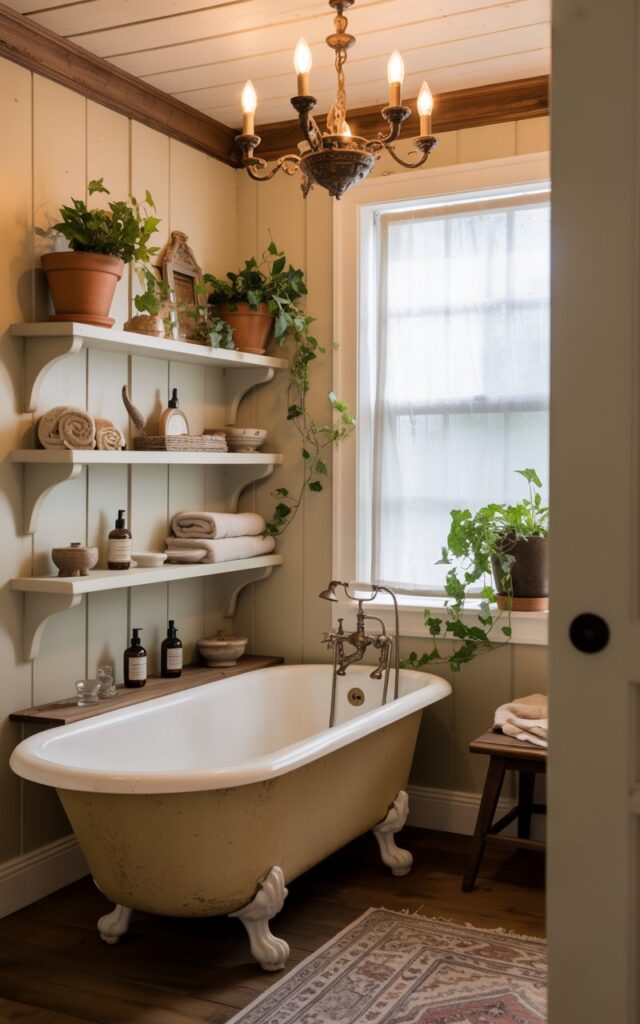 A photograph of a charming, clawfoot bathtub nestled within a quaint farmhouse bathroom. The porcelain tub is a creamy white, with ornate brass feet and a vintage-style faucet, positioned directly beneath a detailed ceiling featuring a wrought-iron chandelier with flickering Edison bulbs. Floating corner shelves above the tub are filled with terracotta pots overflowing with trailing ivy, rolled linen towels, antique soap dishes, and delicate glass bottles of lotion, all illuminated by soft, diffused natural light filtering through a nearby window. The pale cream walls are trimmed with rustic wood molding, highlighting a cozy patterned rug beneath the window and creating a serene, airy atmosphere.