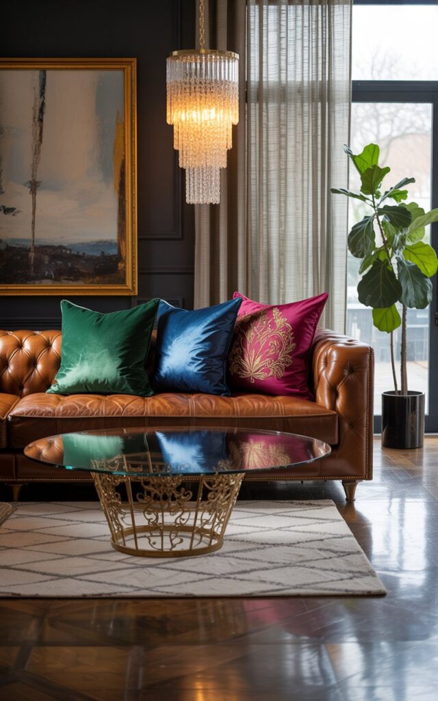 A photograph of a rich brown leather couch dominating a glamorous living room. The couch features deep button tufting and subtle distressed detailing, with three luxuriously textured accent pillows: a plush emerald green velvet, a shimmering sapphire blue silk, and a fuchsia pillow adorned with intricate gold embroidery, arranged to create an asymmetrical focal point. A sleek glass coffee table with delicate gold filigree sits centered before the couch, reflecting the warm glow of a cascading crystal chandelier, while a plush geometric rug in cream and gray tones anchors the space and connects it to polished hardwood floors. Soft, diffused natural light streams through sheer linen curtains, illuminating a large framed abstract painting on the wall and a tall fiddle-leaf fig plant in a glossy black pot near a floor-to-ceiling window.
