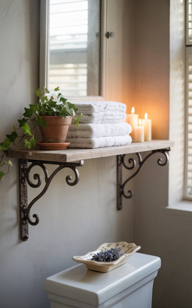 A photograph of a serene French country bathroom showcasing a floating shelf above a porcelain toilet. The shelf boasts intricately designed vintage iron brackets and holds neatly stacked fluffy white towels, a small terracotta pot containing a trailing ivy plant, and three flickering ivory candles adding a warm glow. The walls are painted a soft dove gray with a subtle textured finish, while diffused natural light streams through a nearby window illuminating the room and highlighting the subtle details. A vintage porcelain soap dish filled with lavender buds sits on the toilet tank, completing the charming and relaxed atmosphere.