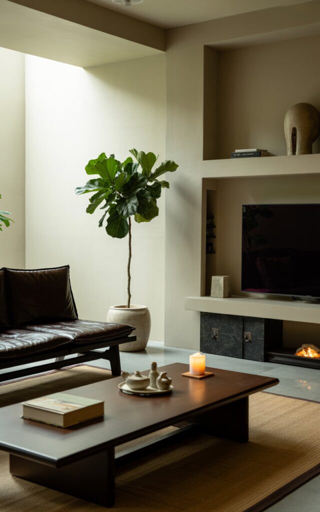 A photograph of a serene modern living room designed in an Asian Zen style. A sleek, low-profile dark brown leather sofa sits as the focal point, facing a minimalist fireplace and large television across the room; a tall, lush fiddle-leaf fig in a simple ceramic pot stands gracefully beside it. A low wooden coffee table holds a delicate tea set, a stack of books, and a flickering candle, while soft tatami mats and a neutral-toned rug ground the space with a sense of calm, and a hidden cabinet contains essential items. Soft, diffused natural light streams in from an unseen window, highlighting the clean lines and creating a tranquil atmosphere, with the open shelf displaying a few carefully selected decorative objects.