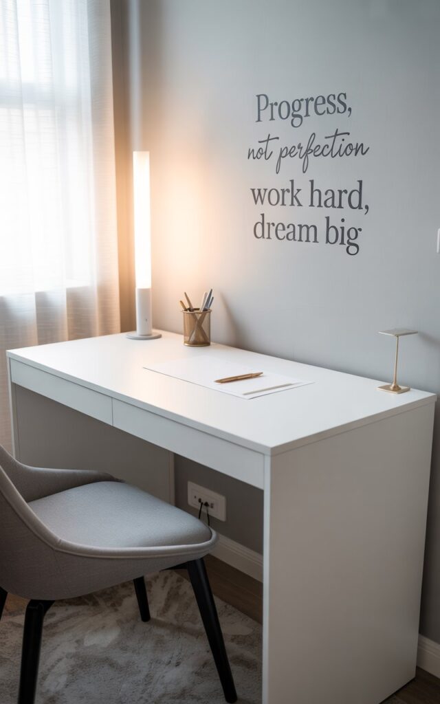 A photograph of a pristine white minimalist desk in a modern home office, creating a sense of calm productivity. The desk surface is clear save for a single sleek, metallic gold pen holder containing a few pens, positioned slightly off-center. Behind the desk, removable wall decals read "Progress, Not Perfection" and "Work Hard, Dream Big" in elegant cursive fonts, while a sheer white curtain diffuses soft morning light entering from a nearby window, casting a gentle glow on the light grey wall. A comfortable grey upholstered chair, angled towards the desk, completes the scene, evoking a feeling of focused creativity within the transitional space.