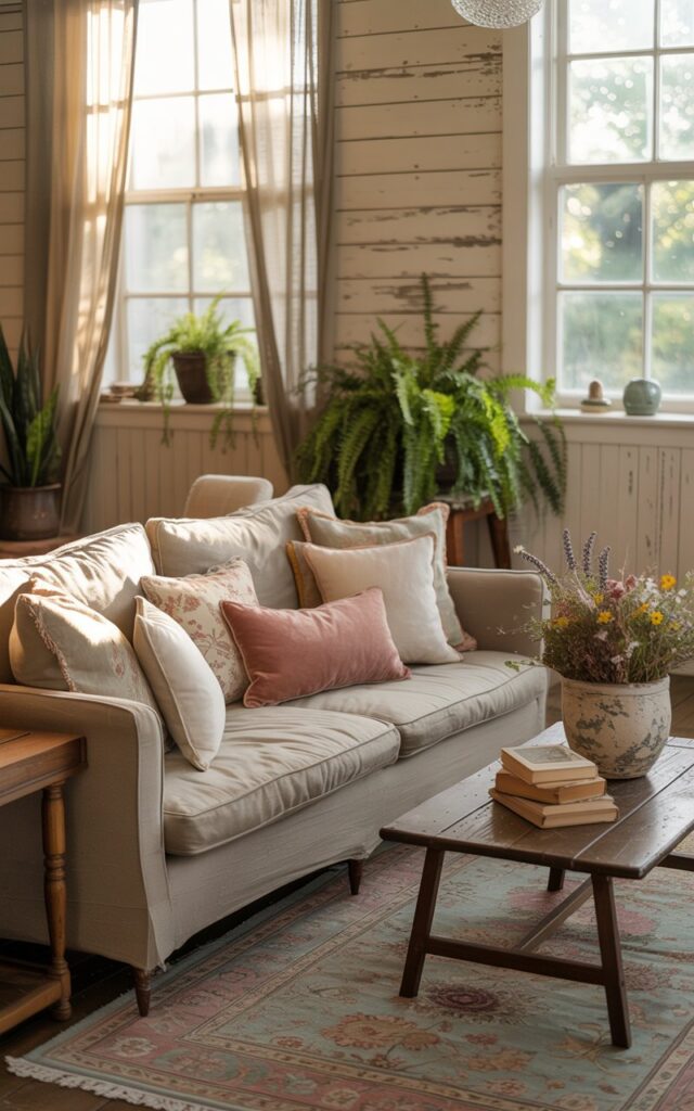 A photograph of a sun-drenched cottagecore living room showcasing a plush, oatmeal-colored linen sofa as the central focus. The sofa sits slightly away from a distressed white shiplap wall, generously layered with mismatched cushions in soft creams, dusty roses, and pale greens, and rests on a faded Persian rug with intricate floral patterns. Large windows with flowing sheer linen curtains diffuse soft natural light, illuminating a collection of potted ferns and a weathered wooden coffee table displaying a stack of vintage novels and a hand-thrown ceramic vase filled with dried lavender and wildflowers. The scene is bathed in a warm, golden light, creating a sense of tranquil lived-in charm and inviting warmth.