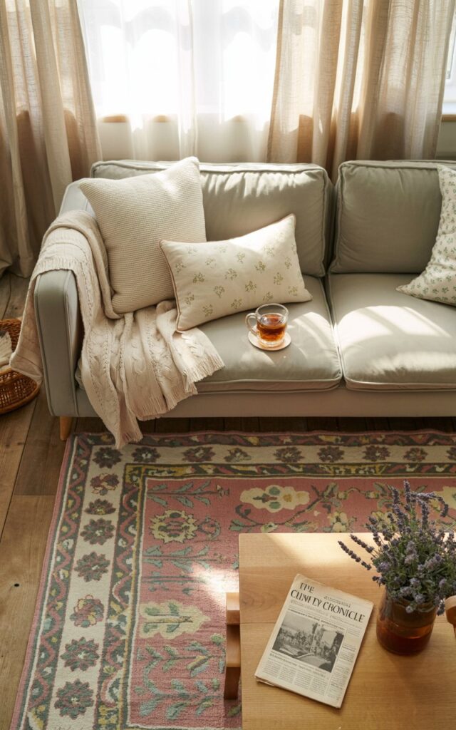 A photograph of a cozy cottagecore living room, with a plush dove-gray sofa as the central focus. The sofa is draped with several hand-knitted throws in cream and ivory, and a collection of cushions featuring tiny floral prints are scattered across it, with a steaming mug of Earl Grey tea resting on the armrest. A vibrant Persian rug with blush pink, sage green, and ivory geometric patterns anchors the room, complemented by a low wooden coffee table holding a vintage newspaper displaying "The Country Chronicle" and a small vase overflowing with freshly cut lavender. Soft sunlight streams through linen curtains, illuminating the natural wood flooring and creating gentle shadows, fostering a tranquil and inviting atmosphere.