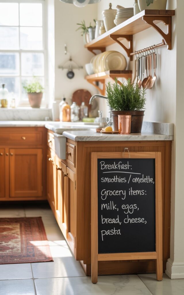 A photograph of a bright and airy English countryside kitchen with warm wooden cabinetry and a central marble-topped vanity. A small chalkboard mounted beside the vanity displays a handwritten list reading “Breakfast: Smoothies / Omelette, Grocery Items: Milk, Eggs, Bread, Cheese, Pasta” with neatly arranged copper utensils hanging nearby. Open shelving holds a collection of cream-colored dishware and a few potted rosemary plants, illuminated by soft natural light streaming through a nearby window. The scene exudes a charming, functional, and inviting atmosphere, with a subtle vintage rug adding a touch of cozy elegance to the polished tile floor.