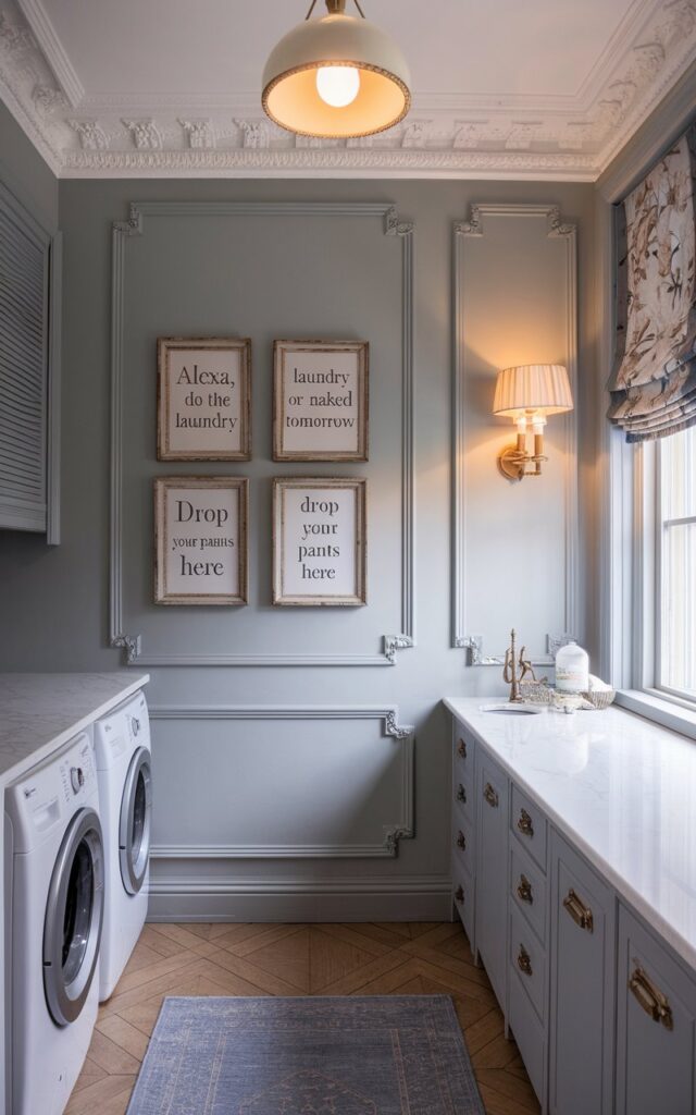 A refined modern Gustavian + traditional laundry room with soft dove gray walls, detailed panel molding, and antique brass fixtures. On one wall above the folding counter, two to three small gilded or distressed wood frames hold printed laundry quotes in elegant serif fonts—sayings like “Alexa, do the laundry”, “Laundry today or naked tomorrow,” and "Drop your pants here". The frames are arranged gallery-style beneath a wall sconce with a linen shade. Marble countertops, pleated Roman blinds in muted florals, and pale parquet flooring complete the look. The room feels both regal and whimsically charming. The room has a washer, dryer, curtained window, floor rug, ceiling pendant light with warm light on. Show close view of the quotes.