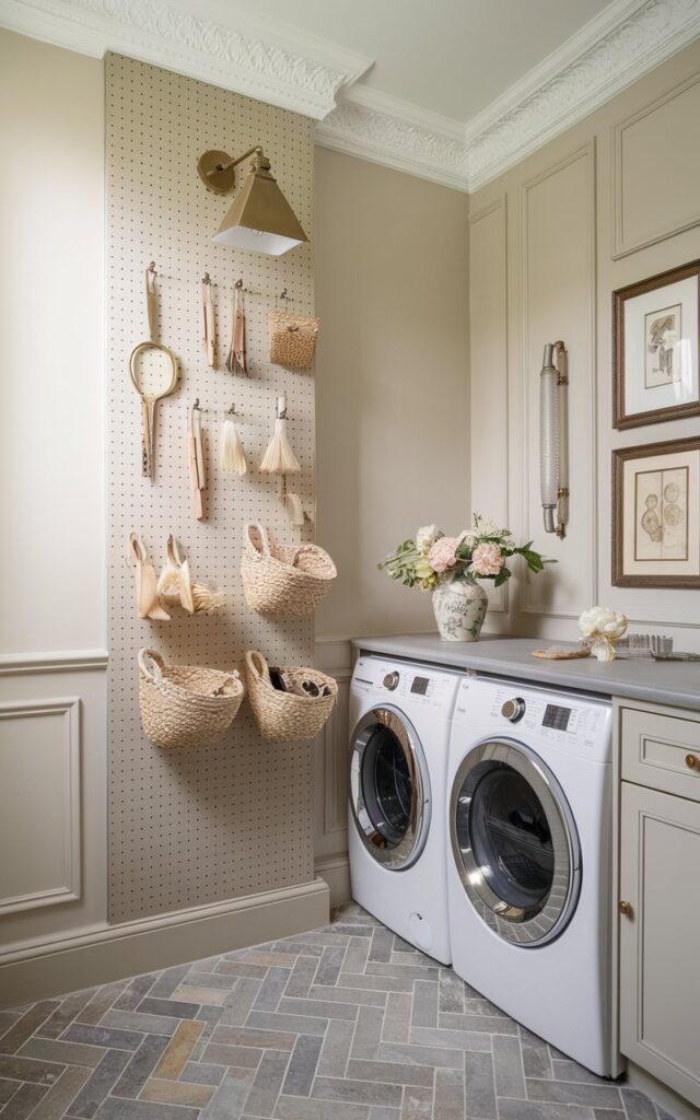 A refined transitional + European-style laundry room with soft ivory walls, herringbone stone tile flooring, and elegant molding details. One wall features a tall, vertical pegboard painted in a muted greige tone, seamlessly blending into the sophisticated space. Peg hooks hold gold-handled scissors, wooden clothespins, natural-bristle brushes, and two small woven mini baskets filled with laundry tools. Above the pegboard, a brass picture light adds an elevated touch. The washer and dryer are built into custom cabinetry with classic European paneling. Delicate florals in a ceramic vase and antique framed prints bring in old-world charm.