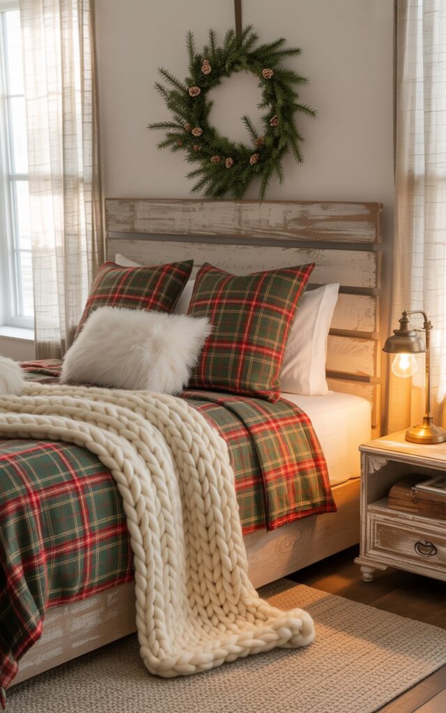 A photograph of a neatly made queen-sized bed styled for a cozy Christmas countryside bedroom. The bed is adorned with layered red and green plaid linens, accented by fluffy white throw pillows and a thick, cream-colored chunky knit blanket that cascades gently to the floor. A small evergreen wreath with delicate pinecones hangs above the headboard, which is crafted from reclaimed wood, while a warm, inviting glow emanates from a vintage brass table lamp on a weathered wooden nightstand beside the bed. Soft morning light filters through sheer linen curtains, illuminating the scene and creating a serene, festive atmosphere.
