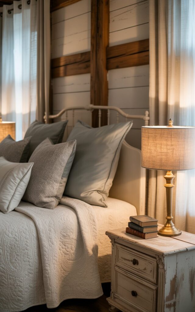 A photograph of a beautifully made farmhouse-style bed as the primary focus in a softly lit bedroom. The bed is draped with a thick, ivory-colored quilt and several plush, textured cushions in shades of gray and pale blue, sitting against a backdrop of exposed wooden beams and whitewashed walls. A vintage-style brass lamp with a linen shade rests on a weathered wooden nightstand, casting a warm glow on a stack of antique books next to it. Gentle, dimmable lighting filters through sheer linen curtains, creating a tranquil and inviting atmosphere within the bedroom.