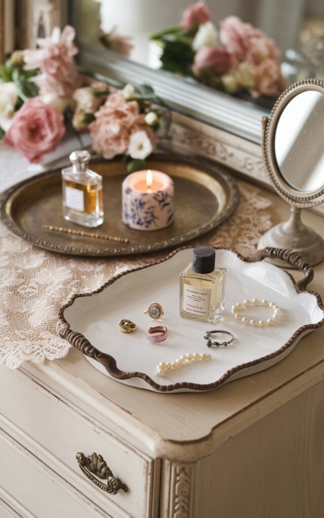 A photo of a vintage chic bedroom with a romantic ambiance. There's a classic wooden dresser with a slightly distressed finish. On top of the dresser, there are 2 elegant trays. One tray is brass and the other is ceramic. Each tray holds dainty perfume bottles, a flickering candle in a vintage holder, and a scatter of everyday jewelry like rings and pearl earrings. The trays bring order and elegance to the surface, creating a soft, feminine vignette. A lace doily, a vintage hand mirror, and a few fresh flowers complete the dreamy setup.