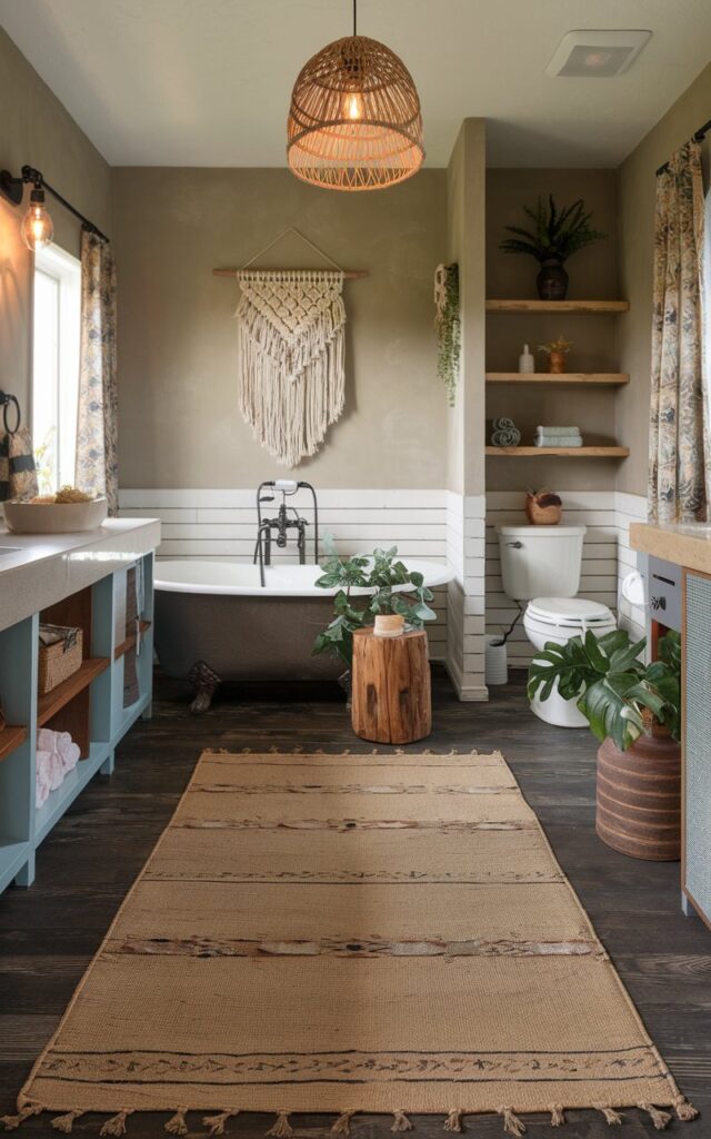 A photo of a rustic and boho full bathroom. There's a patterned jute rug in a sandy tone placed over dark wood-look flooring. The rug has handwoven details and subtle tribal-inspired patterns. A freestanding tub is nearby, flanked by a reclaimed wood stool and leafy greenery in a clay pot. The walls are finished in a soft taupe limewash. There's a macramé wall hanging and a rattan pendant light (Warm light on). The bathroom is fully furnished with a contrasting vanity, open shelves, a toilet, and a curtained window. The space is well-decorated and lively.