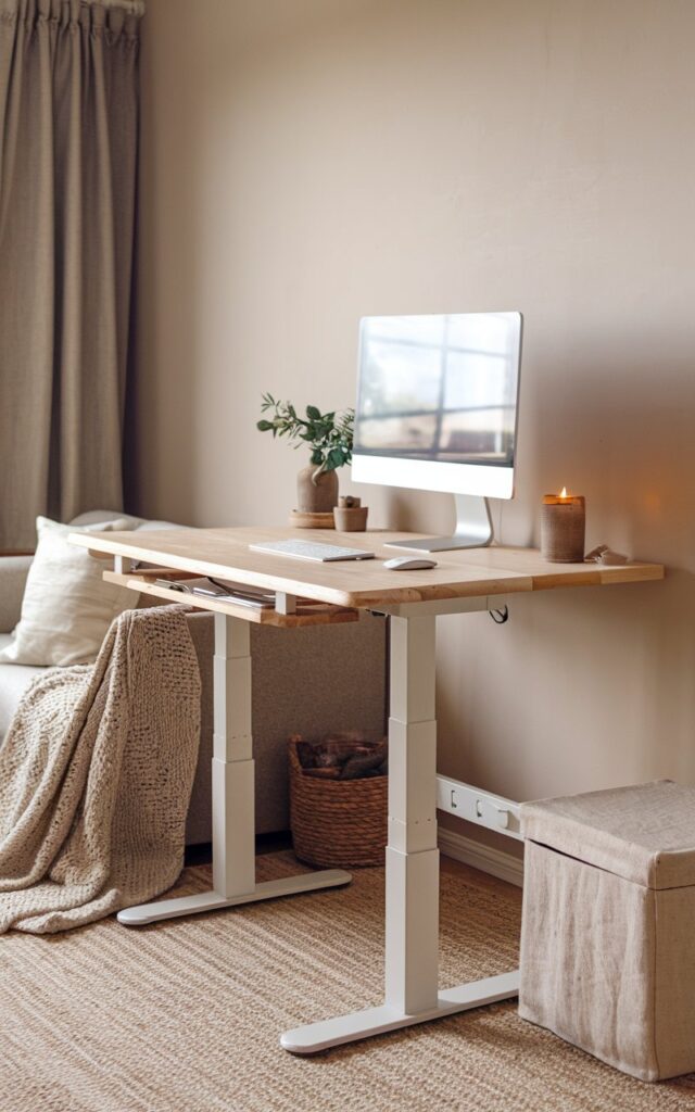 A photo of a rustic Scandi-style home office setup nestled beside a neutral-toned sofa in the living room. The office features a height-adjustable standing desk made of light, knotty pine wood. A sleek monitor sits atop the desk, paired with a minimalist keyboard and mouse. The background includes soft beige walls and a jute rug, with a knitted throw draped casually over the nearby sofa. A ceramic mug, a small pine-scented candle, and a linen-covered storage box add cozy, grounded touches. Natural textures, earthy tones, and clean Scandinavian lines create a warm yet functional workspace that blends effortlessly into the relaxed living area. Natural light is filtered.