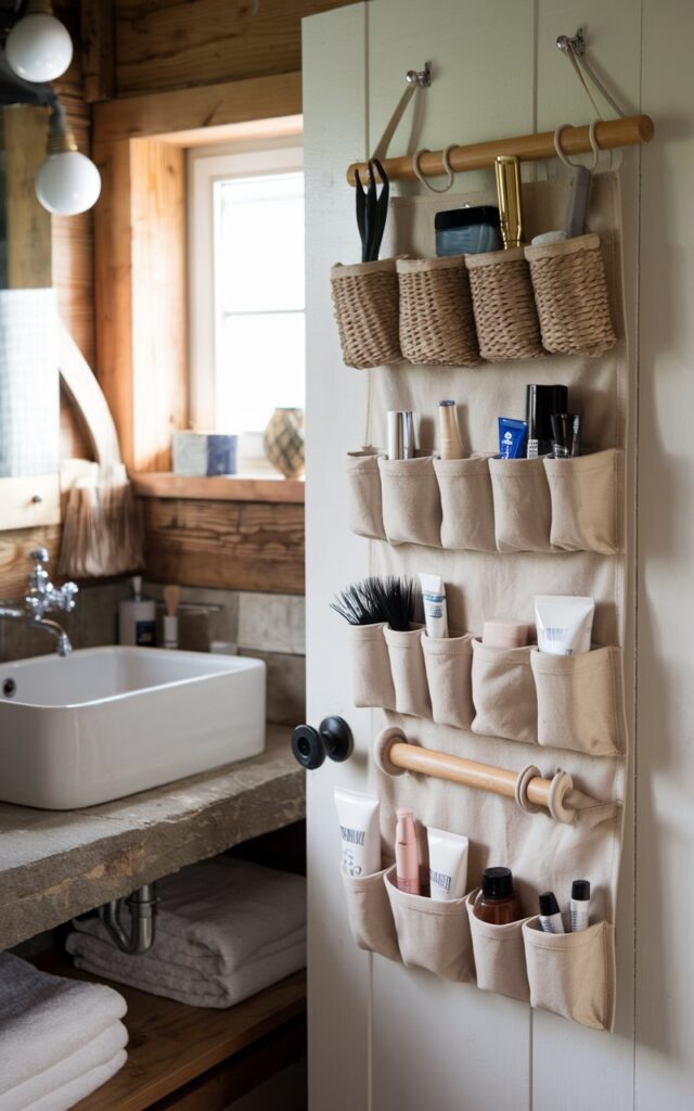 A photo of a rustic bathroom with an over-the-door organizer hanging neatly on the back of the bathroom door. The organizer holds hair tools, toiletries, and small essentials in woven and canvas pockets, keeping the compact space clutter-free. The bathroom has wooden accents, a stone countertop, and a farmhouse sink, with soft natural light streaming in from a small window. The setup blends practical storage with cozy rustic charm, making the small bathroom feel both organized and inviting.
