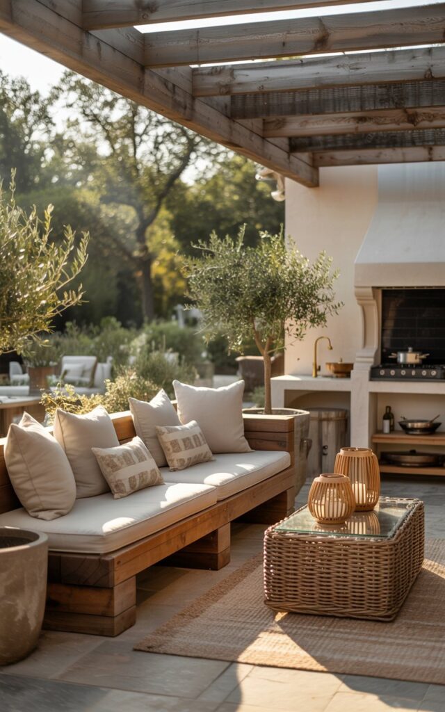 A photograph of a rustic and chic outdoor patio seamlessly extending from a modern farmhouse. A built-in wooden bench, crafted from reclaimed wood with a natural finish, dominates the foreground, featuring plush, neutral-toned cushions and decorative throw pillows. A stylish woven coffee table sits nearby, accompanied by warm-toned lanterns and potted olive trees, with a cooking area visible just beyond, adding to the inviting atmosphere. Soft, diffused sunlight filters through the surrounding trees, creating a tranquil and welcoming ambiance on the patio.