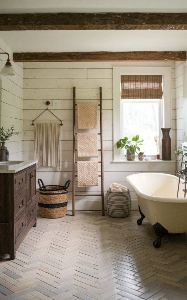 A photo of a rustic cottagecore-style bathroom with sandy-toned herringbone tiles laid across the floor, adding depth and vintage charm. The tiles have a slightly weathered, handmade look, blending beautifully with white shiplap walls and a soft cream clawfoot tub. Exposed wooden beams and a dark wood vanity enhance the cozy, lived-in vibe. Woven baskets, a storage ladder, a few potted plants on the windowsill, and antique brass fixtures complete the warm, textured space. Natural light is soft, filtered.