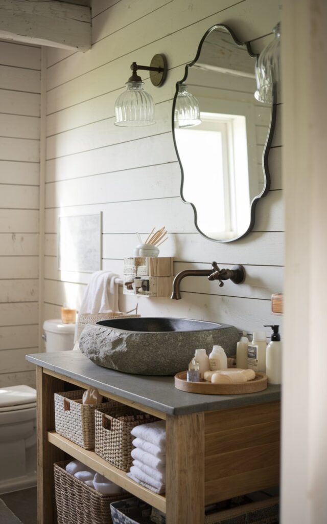 A photo of a rustic farmhouse bathroom with a wall-mounted bronze faucet above a wooden vanity. The vanity has a stone vessel countertop. The area below the faucet is organized with woven baskets, soaps, and neatly arranged toiletries. The bathroom has shiplap walls, an unusual shape mirror, and soft natural light filtering in. The photo focuses on a close view of the wall-mounted faucet.