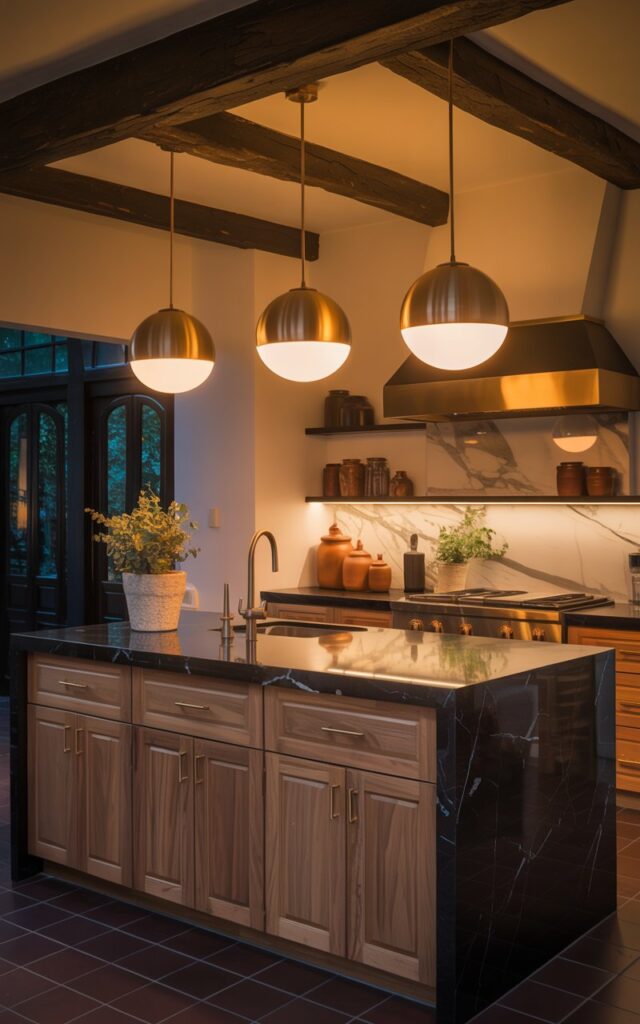 A photograph of a luxurious, fully furnished kitchen bathed in the warm glow of pendant lights. A sleek kitchen island with a polished black stone countertop and rustic wood cabinetry stands as the focal point, adorned with three Colombe Burnished-Brass Globe Pendant Lights that cast a cozy atmosphere. A marble backsplash behind the island complements brushed gold hardware on the cabinetry, while ceramic jars and potted greenery are displayed on open shelves. Exposed wood beams and a maroon-tiled floor complete the inviting space, illuminated only by the soft light of the hanging pendant fixtures in the night.