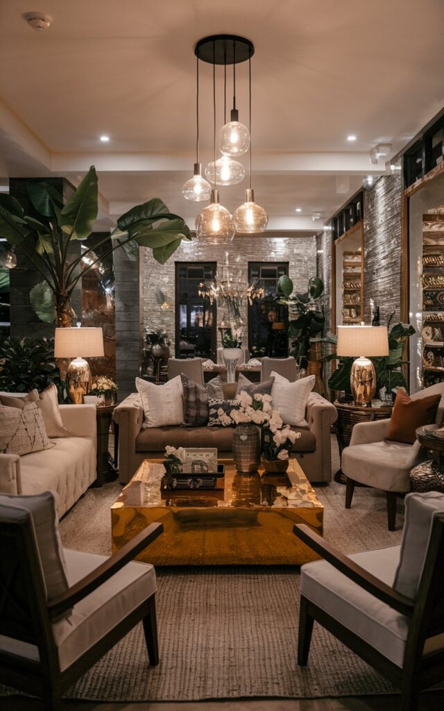 A photo of a rustic and glam living room at night. There are cluster pendant lights hanging above a central coffee table, which reflects the warm glow of the lights. The room is fully furnished with a plush sofa, armchairs, a textured rug, rustic wooden furniture, metallic glam accents, indoor plants, and curated décor. The mix of rustic textures and glamorous finishes gives the space a refreshed, stylish, and inviting nighttime atmosphere.