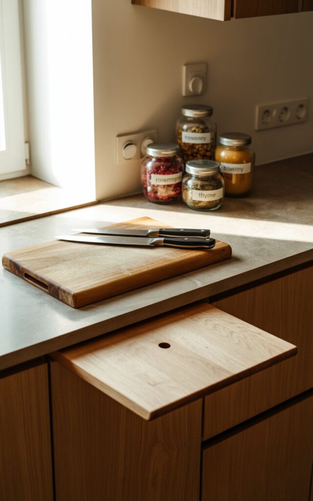 A photograph of a modern kitchen, showcasing a pristine section of the countertop with a partially unfolded wooden counter extension. Resting on the stone countertop is a collection of well-used kitchen tools: a worn wooden cutting board, a set of stainless steel knives, and a cluster of clear glass jars filled with colorful spices labeled "Rosemary" and "Thyme". Soft, diffused sunlight streams in through a nearby window, highlighting the natural wood grain of the cabinetry and creating a warm, inviting atmosphere. The minimalist design focuses on functionality and emphasizes the rustic charm of the kitchen space.