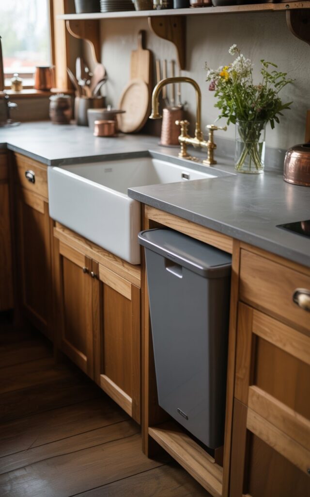 A photograph of a modern rustic kitchen showcasing a gleaming white farmhouse sink set into a grey stone countertop. Below the countertop, warm-toned wooden cabinetry with brushed brass hardware extends across the wall, subtly incorporating a pull-out trash bin seamlessly integrated into the design. Soft, diffused natural light streams in from a nearby window, illuminating a collection of ceramic cookware and copper utensils artfully arranged on open shelves, enhancing the cozy and functional aesthetic. A simple vase of wildflowers sits on the countertop near the sink, bringing a touch of natural beauty to the well-designed space.