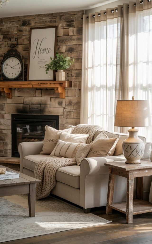 A photograph of a cozy farmhouse living room centered around a stone fireplace. The fireplace features a rough-hewn stone mantel adorned with a vintage clock and a framed print that reads "HOME" in elegant script. A plush, oatmeal-colored sofa sits opposite the fireplace, draped with a chunky knit throw and accented by several patterned cushions; a distressed wooden side table nearby holds a ceramic lamp with a linen shade. Soft, diffused sunlight streams through sheer linen curtains, illuminating the room and highlighting the texture of the exposed brick accent wall and the patterned rug beneath the coffee table.