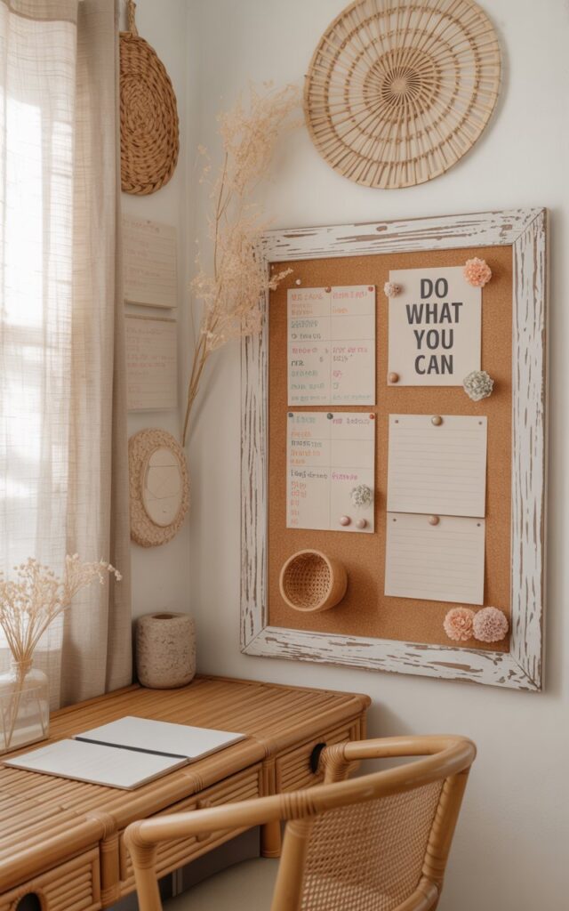 A serene Balinese + shabby chic home office corner featuring a rustic corkboard framed in distressed whitewashed wood. The corkboard is adorned with handwritten notes, colorful schedules, and vintage-style motivational quote ""Do what you can" pinned with floral pushpins. Surrounding the board, woven rattan wall hangings and delicate dried flowers add texture and warmth. A bamboo desk + chair with soft linen curtains nearby creates a breezy, relaxed vibe. Soft pastel tones—pale pinks, creams, and muted greens—infuse the space with gentle charm, blending tropical tranquility with cozy, lived-in elegance.