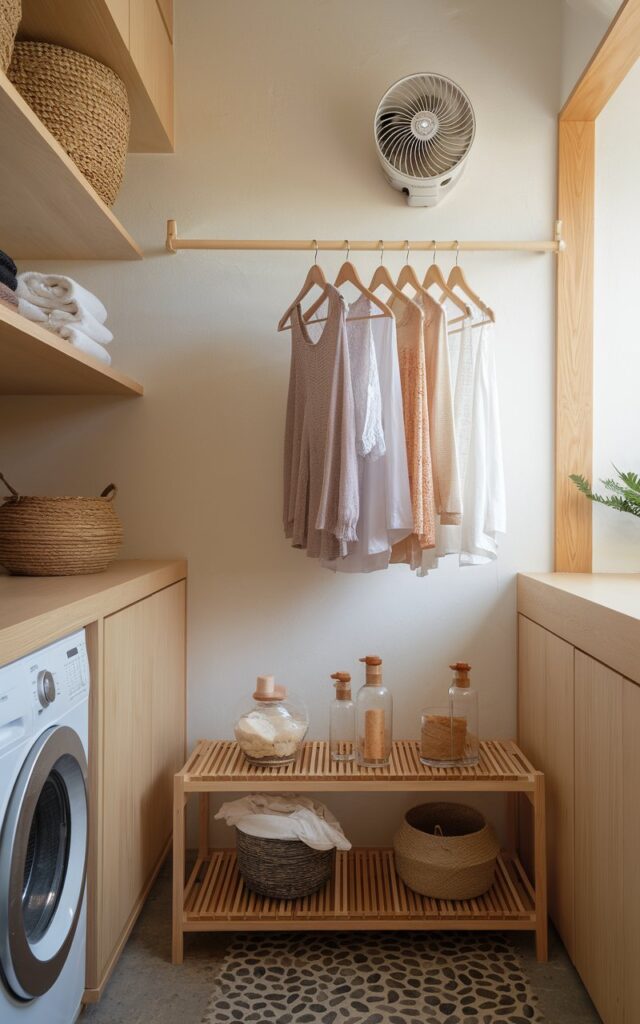 A serene Japandi and Asia Zen laundry room with warm natural wood tones, smooth stone textures, and a clean, airy layout. On the wall above a minimalist drying rack, a small, discreet fan is mounted—angled downward to gently dry a row of delicate garments hung on wooden hangers. The drying rack is built from pale oak, matching the floating shelves and hidden cabinetry. Nearby, woven baskets, bamboo trays, and glass bottles with wooden stoppers store laundry essentials like detergent sheets and linen sprays. A pebble-patterned mat rests beneath the rack. The room has a washer and dryer.