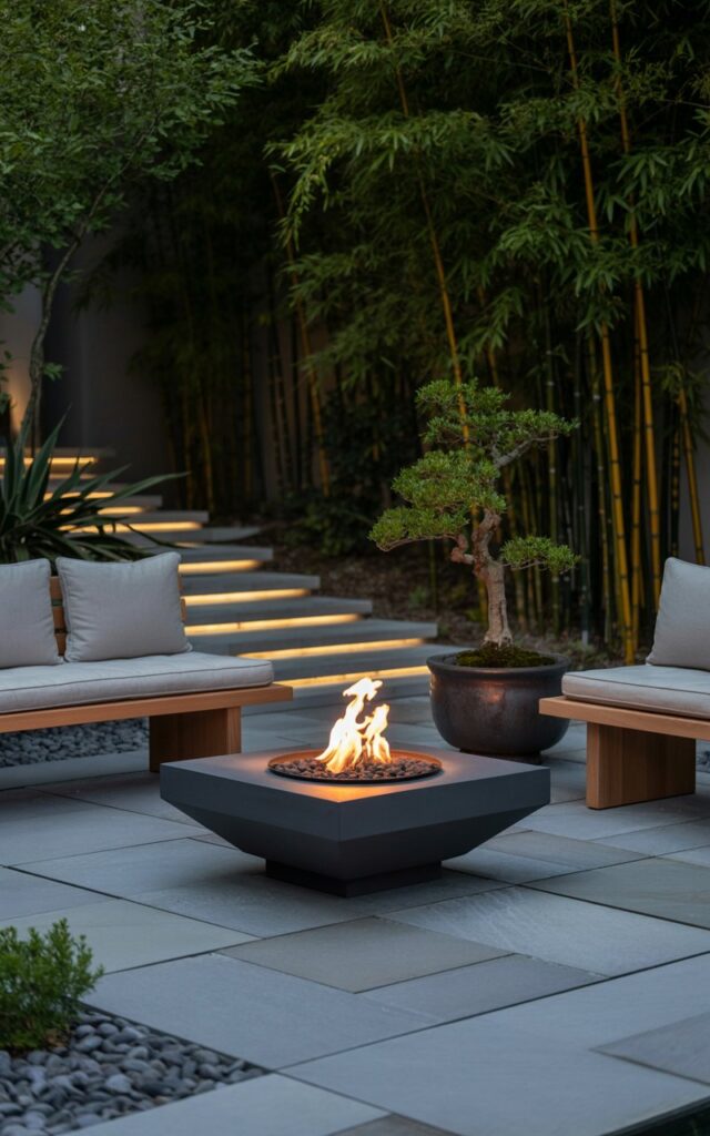 A photograph of a serene Japandi-style outdoor patio bathed in the soft glow of low-voltage landscape lighting. A sleek, square fire bowl sits centered on a flagstone patio, surrounded by two minimalist wooden benches with light grey cushions and a single bonsai tree in a dark ceramic pot. Embedded pathway lights trace the edges of the stone walkway, illuminating stepping stones leading to a backdrop of bamboo stalks softly swaying in the evening breeze. The scene exudes a peaceful, modern ambiance, inviting relaxation and quiet contemplation.