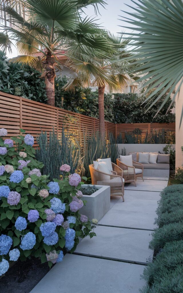 A photo of a serene backyard with a modern Balinese and European charm. The fence is lined with dense, flowering shrubs like hydrangeas, oleanders, and jasmine. A wooden slat fence stands tall behind the greenery, stained in a warm natural tone. A sleek concrete pathway runs alongside the border, leading to a minimalist lounge area with rattan chairs, stone planters, and soft neutral cushions. Tropical palms and Mediterranean herbs frame the space, while soft garden lighting glows at dusk. The vibe is tranquil, private, and luxuriously effortless.