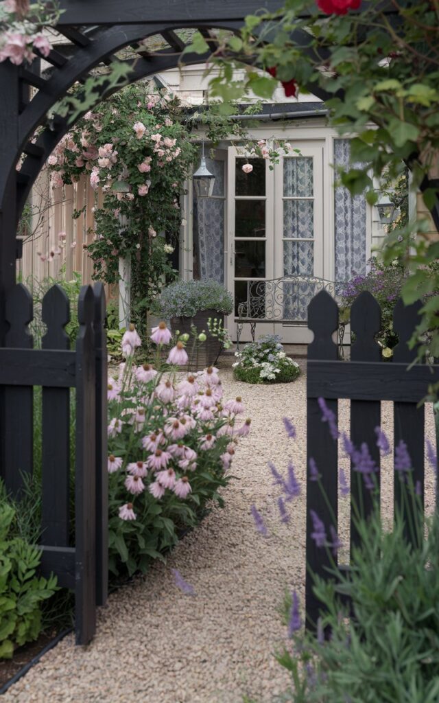 A serene, cottagecore backyard viewed from outside the picket garden fence, where the wooden panels are painted a deep, moody black. The rich color contrasts beautifully with the soft, romantic palette of the garden. Outside the fence, blooming perennials like echinacea, lavender, and foxglove are planted in a gentle arc, spilling color and texture onto a gravel path. Peeking over the fence are climbing roses and trailing vines. Beyond, the backyard reveals glimpses of a cozy cottage with lace curtains, hanging lanterns, and a wrought iron bench nestled under a flowering tree—dreamy, private, and full of character.
