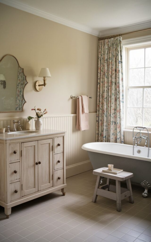 A serene cottagecore bathroom with a clawfoot tub, a floral curtained window, a pale wood stool, and a distressed wooden vanity with a scalloped mirror and wall sconces. The floor is covered with matte porcelain tiles in a soft light mocha tone. The walls are painted in a creamy ivory color and have delicate details like beadboard. The space has a warm and grounded atmosphere, with a peaceful, lived-in, and lovingly layered feel. The natural light is mild and soft.