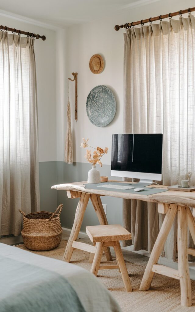 A photo of a serene home office styled in alpine chic with coastal influences. The room has a bed, a driftwood desk with a sleek monitor, a wireless keyboard and mouse, a woven basket, and light-filtering linen curtains. The walls are half white, and there are soft blue accents, natural wood tones, and cozy wool textures. The natural light is soft.
