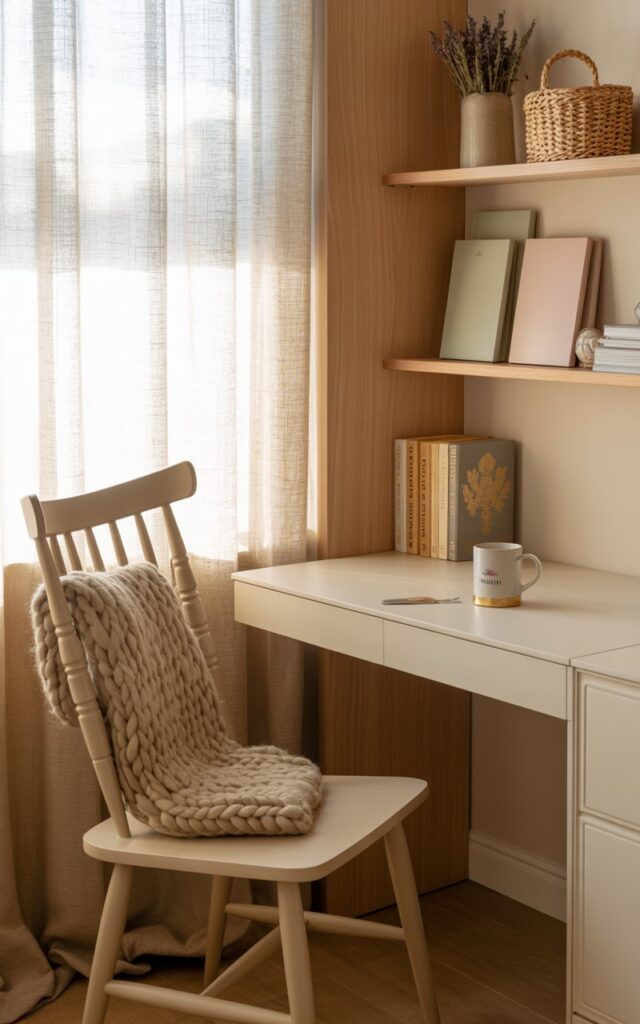 A photograph of a cozy corner home office bathed in soft morning light. A Scandinavian spindle-back chair with a chunky knit wool throw is positioned neatly in front of a white floating desk, displaying a simple ceramic mug and a small stack of vintage books with gold-leafed titles. The desk is mounted on a light wooden wall, complemented by pale oak panels and open wooden shelves showcasing dried lavender, pastel notebooks, and a handwoven basket, all subtly catching the light. A gauzy curtain gently filters the light, creating a quiet, airy, cottage-in-the-woods atmosphere, with the corner seamlessly integrated into a warmly lit living room beyond.