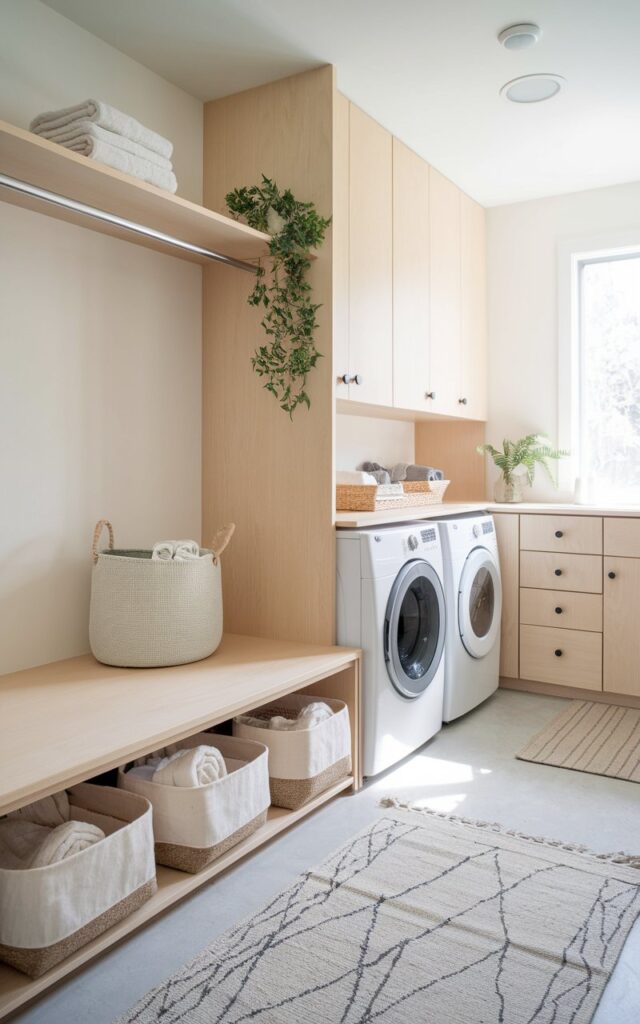 A serene, minimalist laundry room designed in modern Japandi style. A low, light oak bench with clean lines sits beneath a floating shelf. The bench features a sliding panel, revealing hidden storage with two to three soft woven baskets neatly tucked inside—holding rolled towels, cloth bags, and eco-friendly laundry essentials. The washer and dryer are integrated into pale wood cabinetry with flat fronts and black hardware. Floor has area rug, touches of greenery Natural light streams in, emphasizing the balance of function and tranquility.