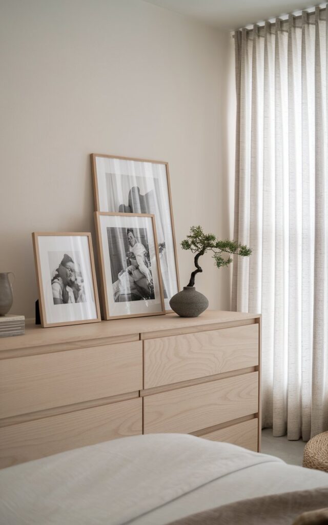 A photo of a serene modern Japandi bedroom with a minimalist design and a calming neutral palette of soft whites, beiges, and natural wood tones. Above a clean-lined wooden dresser, two to three black-and-white family photos are framed in thin natural oak frames. The photos are thoughtfully spaced, creating a harmonious and intentional display. Nearby, soft linen curtains filter gentle light, while a single bonsai plant or ceramic vase adds quiet balance. The room blends Scandinavian simplicity with Japanese warmth, and the photo display brings a deeply personal, soulful touch.