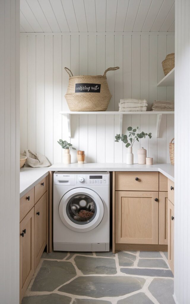 A serene modern rustic + Scandi-style laundry room with whitewashed wood-paneled walls, light oak cabinetry, and soft gray stone flooring. A minimalist woven basket labeled “Missing Mate” sits neatly on a floating shelf above the washer and dryer. The bin is crafted from natural fibers with a simple black script tag, blending seamlessly into the calm, neutral palette. Nearby, folded linens, ceramic containers, and a small potted eucalyptus plant add clean, organic texture. The space is bathed in diffused natural light, emphasizing the blend of warmth, simplicity, and intentional design.