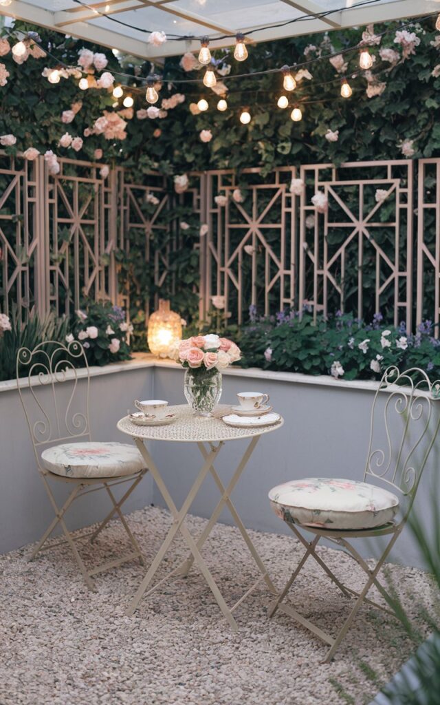 A photo of a shabby chic and art deco fully furnished backyard with a romantic, stylish flair. In one corner, there's a small gravel nook framed by low ornamental hedges and flowering plants. At the center of the nook sits a delicate café-style table in distressed white metal, paired with two mismatched but elegant chairs featuring soft floral cushions. The table is set with vintage china teacups, a crystal vase of fresh roses, and a gold-accented candleholder. Around the nook, art deco–inspired geometric garden screens and pastel-painted planters add structure and glamour. Overhead, string lights drape gracefully, casting a warm evening glow over the cozy seating spot.
