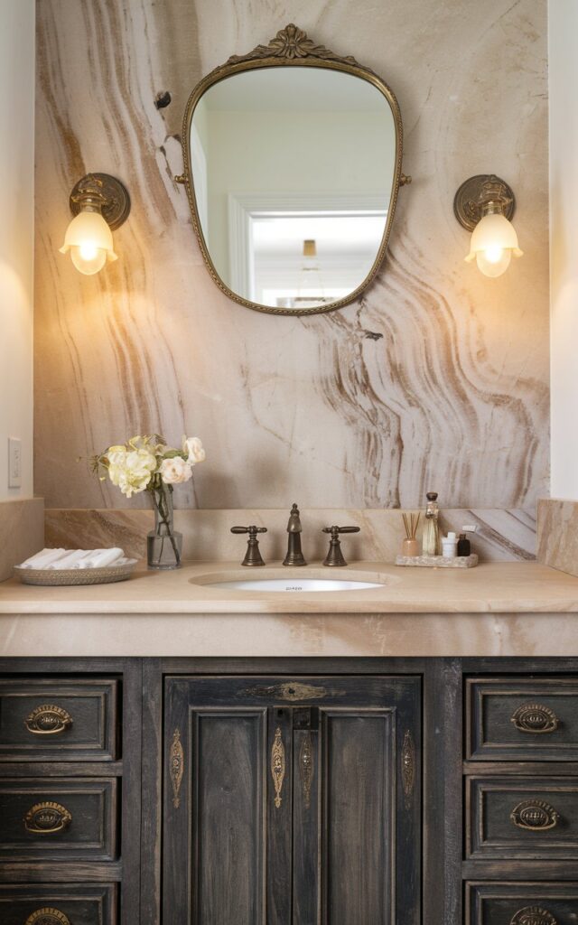 A photo of a shabby chic glam bathroom with a vanity backsplash made from a beige-toned marble slab with soft, flowing veins of cream and taupe. The marble's polished surface adds a touch of luxe while complementing distressed dark wood cabinetry and vintage-inspired brass hardware. Above the backsplash, there is a softly ornate mirror with a gilded frame and wall scones on either side of the mirror casting yellow light. The overall look is effortlessly chic, blending worn charm with subtle glamour.