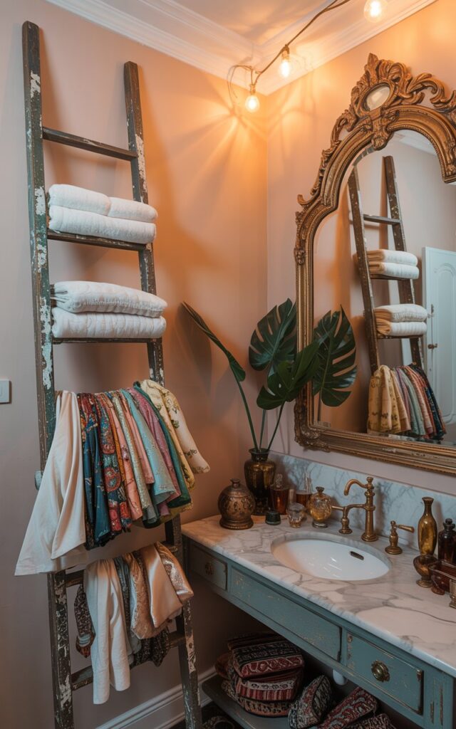 A photograph of a maximalist bathroom overflowing with vintage charm and character. A tall, distressed wooden ladder leans against a pale pink wall, piled high with neatly folded white towels and an assortment of flowing silk dresses. An ornate, antique gold mirror hangs above a marble-topped vanity featuring a porcelain sink and vintage brass faucet, while patterned rugs and eclectic decor items like antique perfume bottles and potted plants add a cozy, lived-in feel. Warm LED ceiling lights cast a soft glow, highlighting the layers of textures and creating a uniquely inviting space.