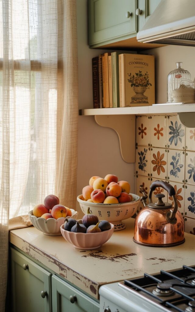 A photograph of a quaint, sun-drenched kitchen embodying shabby chic and Bohemian aesthetics. A collection of mismatched ceramic bowls, filled with ripe peaches and figs, sits artfully on a distressed wooden countertop beside a vintage copper kettle. The backdrop showcases pastel-painted cabinetry, open shelving displaying antique cookbooks, and a decorative backsplash featuring hand-painted floral tiles. Soft, diffused sunlight streams through a nearby window, illuminating the textured linen curtains and highlighting the room’s cozy, lived-in charm.