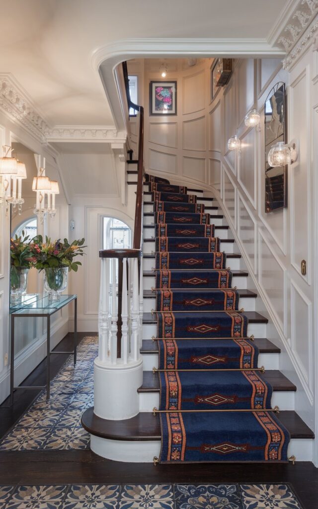 A photo of a Victorian-style modern home staircase with ornate white wainscoting and dark polished wood treads. The staircase features a bold runner rug with vibrant geometric prints in deep blues, rich reds, and golden accents. The staircase curves gently upward with a classic mahogany banister, framed by intricate spindles. The hallway has vintage wall sconces, crown molding, and a console table with fresh flowers in a crystal vase. A patterned floor tile at the base complements the runner, blending old-world Victorian charm with a fresh, modern edge.