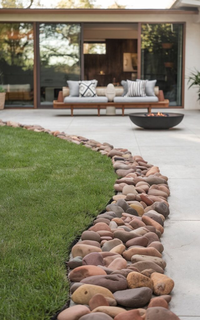 A photo of a mid-century modern backyard with a lush green lawn and a meticulously smooth natural river rock edge. The rock border contrasts with the clean, organic lines of the modern patio. In the background, a minimalist outdoor sofa with wooden accents and geometric cushions faces a low-profile firepit. Large glass doors of the attached mid-century home open onto the yard, seamlessly blending indoor and outdoor spaces.