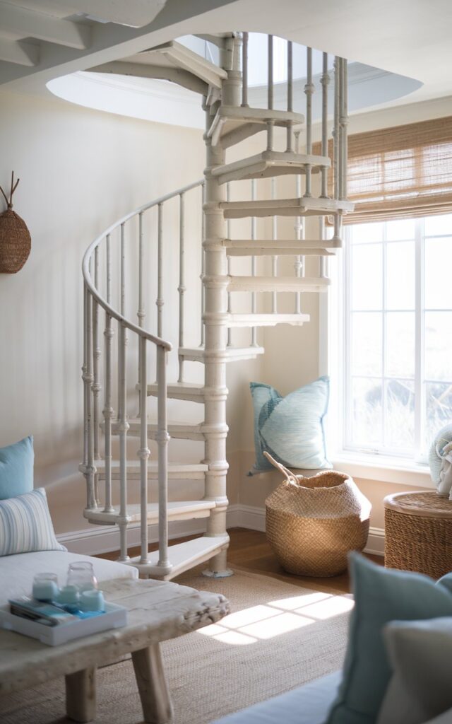 A photo of a small California coastal-style living room with a compact spiral staircase in the corner. The staircase has whitewashed wooden steps and a slender wrought-iron railing painted in soft matte white. The railing blends seamlessly with the airy, beach-inspired decor. Natural light filters into the space through a large window with a curtain. There are light blue accents, woven baskets, and driftwood furniture in the room. The spiral staircase design maximizes space while adding a charming, sculptural element that feels both functional and effortlessly coastal.