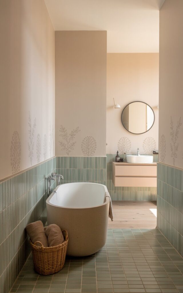 A photograph of a small, serene Scandinavian bathroom bathed in soft, ambient light. A freestanding, oval bathtub takes center stage, its exterior a matte white contrasting with the pale beige and calm green tiles of the walls and floor. A small woven basket filled with rolled towels sits next to the tub, while a sleek, minimalist vanity with a round mirror hangs on the wall above a light wood floor. Subtle wallpaper accents featuring delicate leaf patterns adorn the back wall, completing the clean, airy, and minimalist vibe.